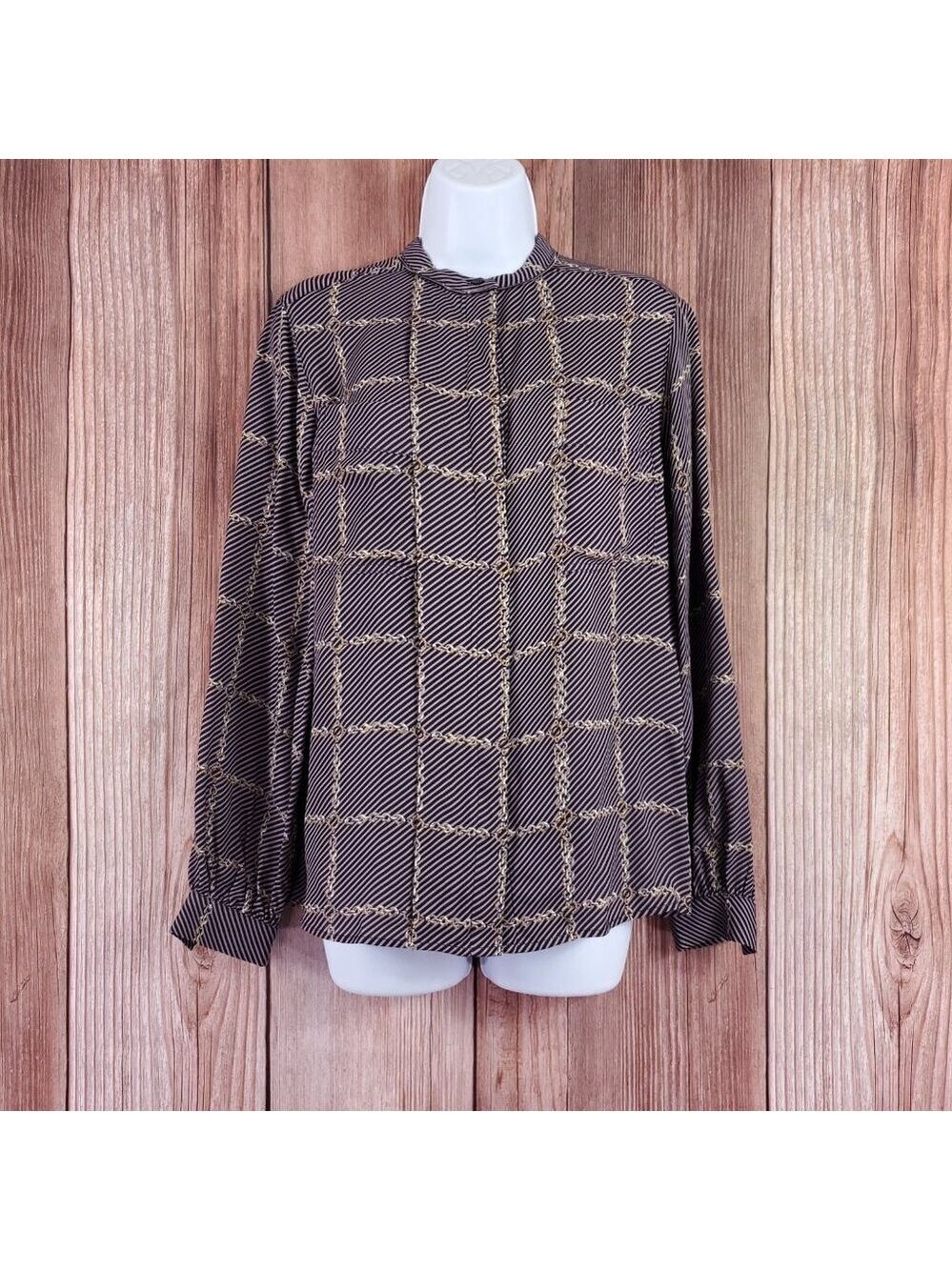 NWT Reiss Womens Size 4 Nyla Chain Print Shirt Blouse Button Up Viscose Brown